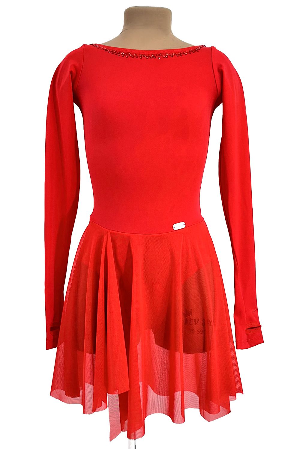 Платье для фигурного катания «Красное с телесной спинкой со стразами»